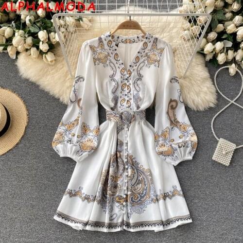 ALPHALMODA New Exotic Palace National Style Autumn New Printed Dress Puff Sleeve V-neck Belted Single Breasted Vintage Dress