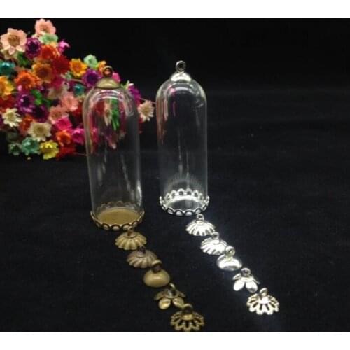 100sets/lot 50*18 clear bell jar tube shape glass vial pendant with lace cap glass globe bubble glass bottle cover dome necklace