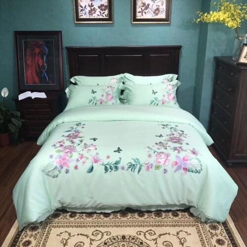 80S Egyptian cotton Luxury Embroidery Wedding Bedding Set 4pcs Queen King Duvet cover bed sheet set Pillowcase flower green