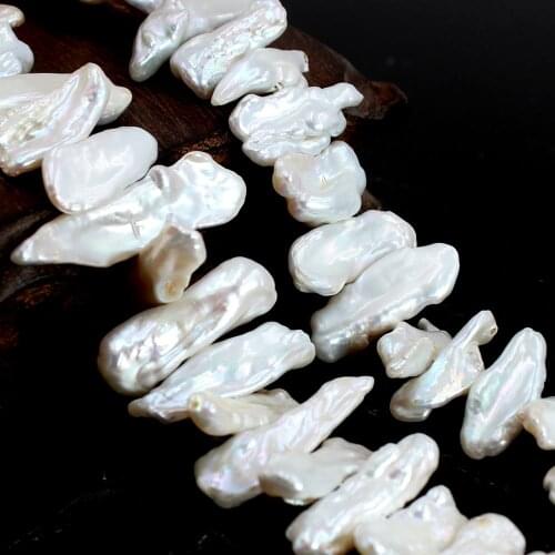 Free Shipping 10x20mm White Biwa Natural Freshwater Pearl DIY Design Necklace Beads Strand 14"