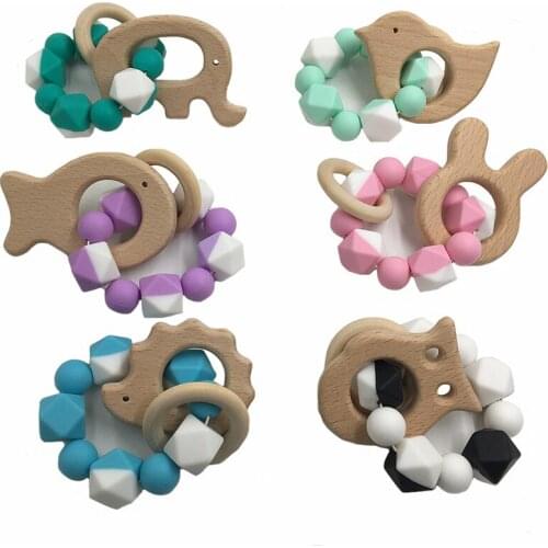 6pcs Beech Animals Nursing Bracelets Teething Wooden Food Grade Silicone Beads Rattles Toys Personalized Bracelets