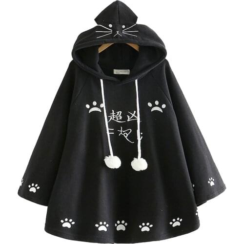 Fashion Kawaii Cat Ear Hooded Poncho Women Japanese Cute Paws Girls Casual Pullover Harajuku Cloak Fleece Loose Hooded Cape Coat