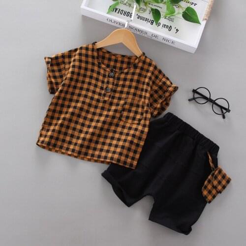 Childrens Clothing 2021 Summer Korean Suit New Childrens Plaid Short-sleeved Boy Short-sleeved Two-piece Trend Plaid Pocket