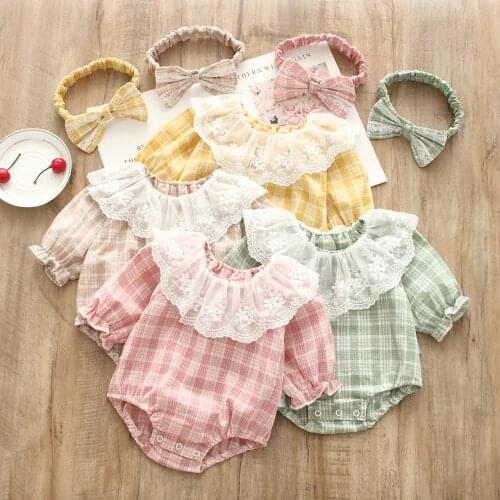 Fall Bab Clothes Lace Collar Plaid Romper Headband Overalls Long Sleeve Newborn Infant Girls Cute Jumpsuits Princess Rompers