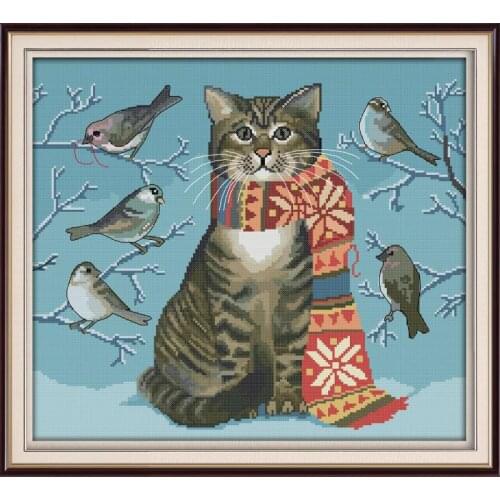 Joy Sunday A Cat And Birds Kits for Embroidery Cross Stitch Printed on Canvas Pattern 11&14CTPrint Cloth Handmade Needlework