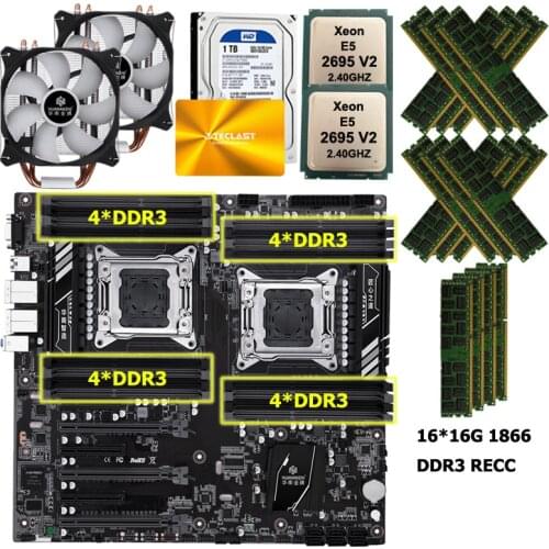 HUANANZHI X79-16D Motherboard with dual xeon processor E5 2695 V2 CPU coolers 240G SATA SSD 1TB HDD RAM 256G(16*16G) 1866 RECC
