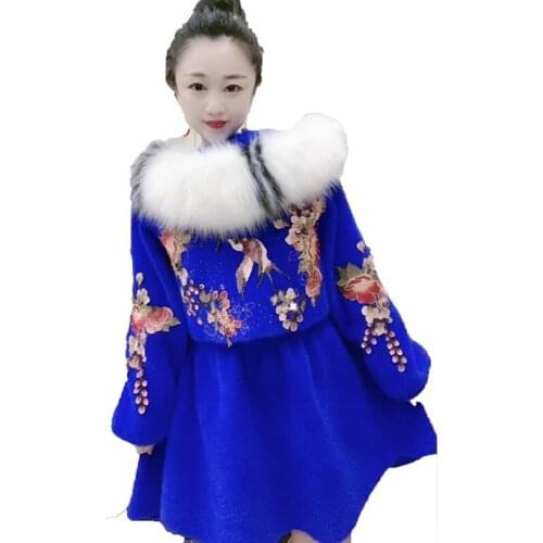 Fashion Faux Mink Velvet Coat Womens Coat Spring and Autumn Hooded Diamond Embroidered Knitted Coat Blue Red Trench Coat Female