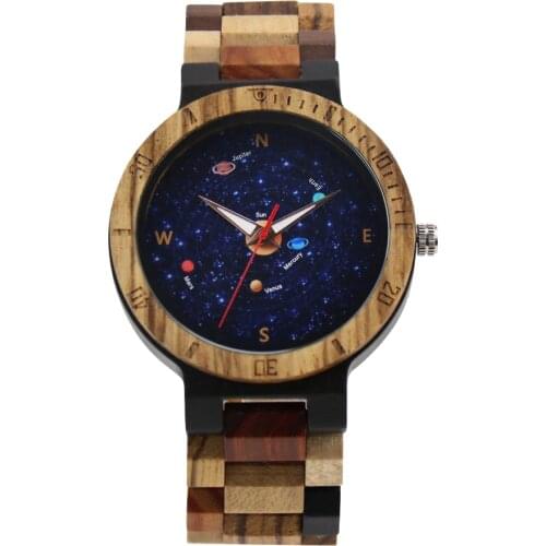 Relogio mens wooden watch quartz watch surrounds the planet round dial casual quartz wooden watch men часы мужские