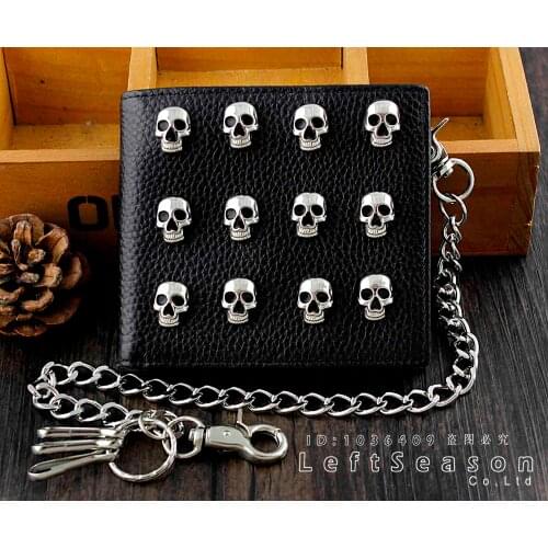 Skull Punk Motorcycle Mens Chain Wallet Genuine Leather Zipper Purse