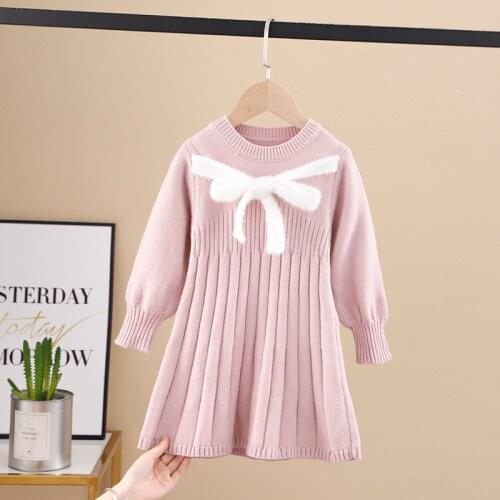 2021 New Baby Girls Winter Knitted Clothes Girl Casual Bow Princess Dress Sweaters Vestidos Childrens Warm A-Line Cute Clothing