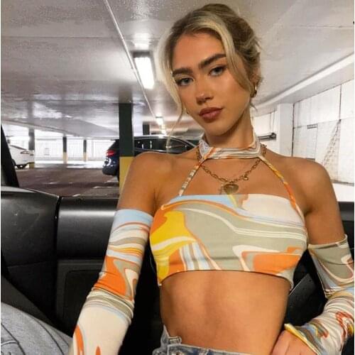 2021 New Summer Womens Graffiti Printing T-Shirts Fashion Girls Halter Neck Crop Top Tee Tops Slim Fit T-Shirts Women Tops