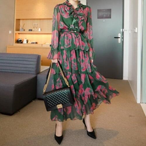 New Arrival Fashion Spring Casual Beach Long Dress Ladies Vacation Clothes Vintage Ruffle Chiffon Print Loose Ball Gown Dress