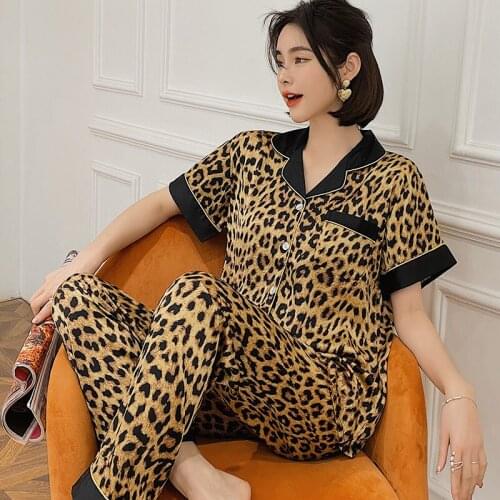 Womens Sexy Satin Leopard pyjamas women Short Sleeve Pants Lingerie Nightwear Underwear Set sexy lingerie pajamas for women 2021