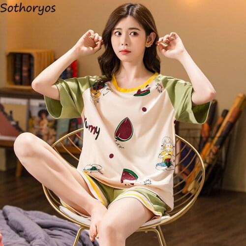 Pajama Sets Women Cute Short Sleeve Shorts Summer Round Neck Cotton Thin Cartoon Loose Causal Sleepwear Korean Style Popular
