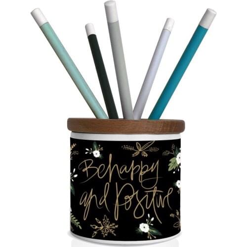 Custog Pen/Pencil Holder For Desk Organizer With Wooden Cover Office Desk Accessories Be Happy