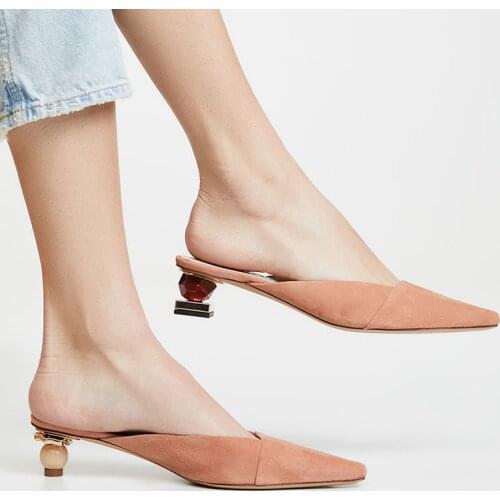 New style summer ball heel sandal women Suede Pointed toe ladies sandals square toe sandals woman mules Spring Slippers