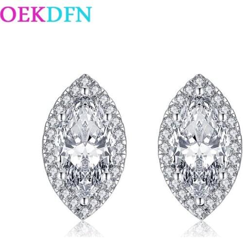 OEKDFN Real 925 Sterling Silver Earrings Marquise Cut Created Moissanite Gemstone Diamonds White Gold Ear Studs Fine Jewelry