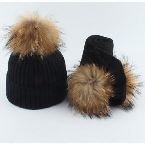 Pompom Hat Scarf Set Baby Boy Girl Winter Beanie Wool Knit Real Raccoon Fur Autumn Warm Skiing Outdoor Accessory For Toddlers