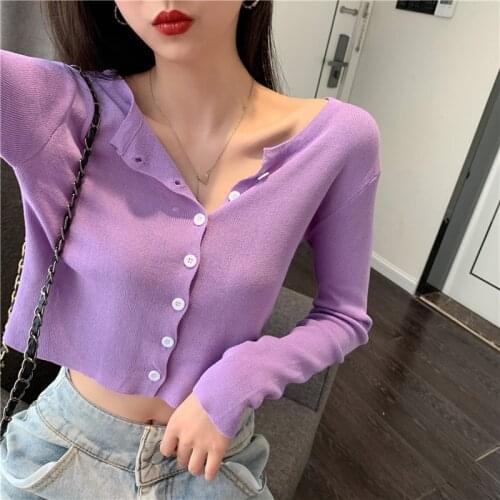 Hi Girl Spring Thin Slim Open Stitch Women Single Breasted Knitted Crop Top Slim Purple Cute Top Cardigan Women Clothing 6colors