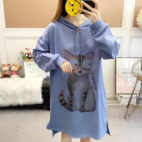 Zuolunouba Spring Autumn Clothes Women Hoody Sweatshirt Print Harajuku Confused Cat Pullover Long Loose Casual Female Blue Tops