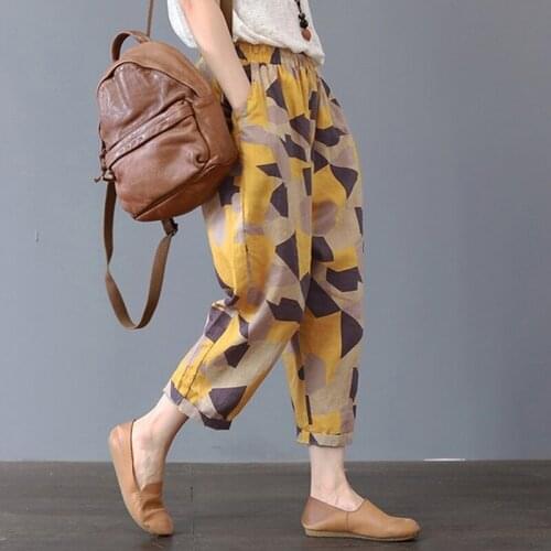 Vintage Elastic Waist Harem Pants Omen Harem Pants Autumn Print Trousers Casual Loose Ankle-Length Pants Training Pants