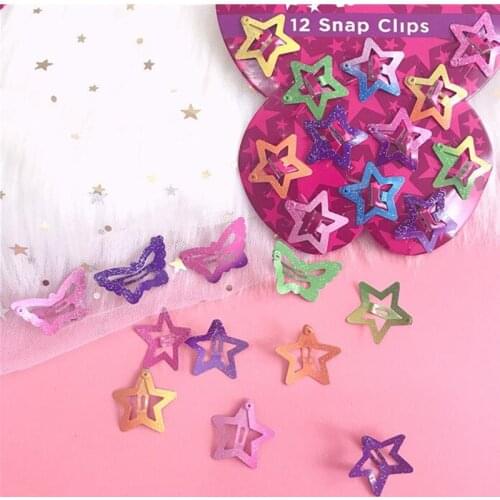 12pcs / Cute Star Butterfly Shape Snap Hair Clip BB Hairpins Color Metal Barrettes for Baby Children Girls Styling Accessories