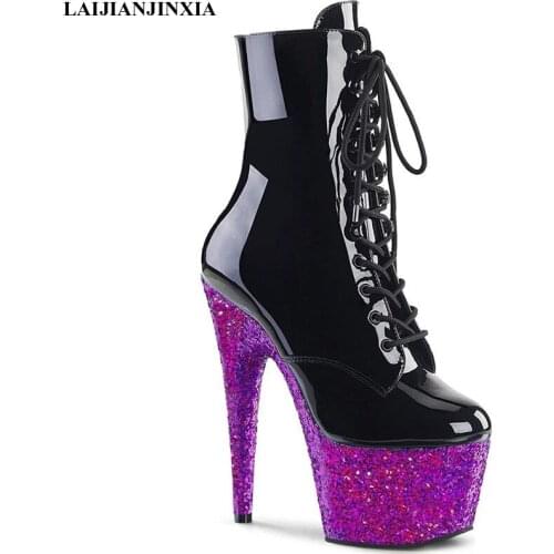 Wedding Party Model 15CM High Heels Boots For Women Plus Size Dance Ankle Boots Platform Boots Lace Up Real Image Shoes