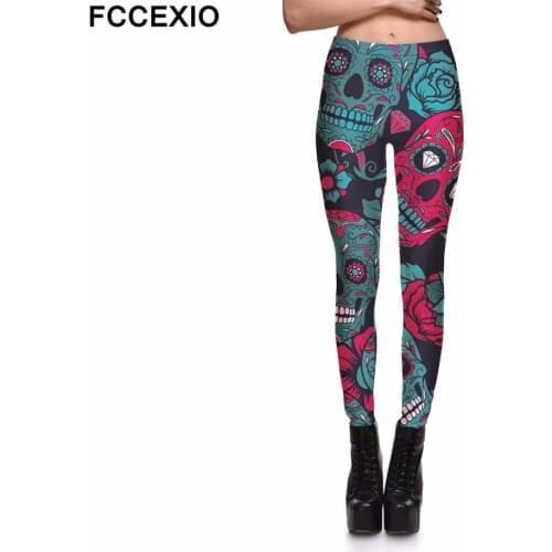 FCCEXIO New Women Workout Leggings High Waist Fitness Legging Red Rose Skull Print Leggins Female Leg Pants Large Size Leggings