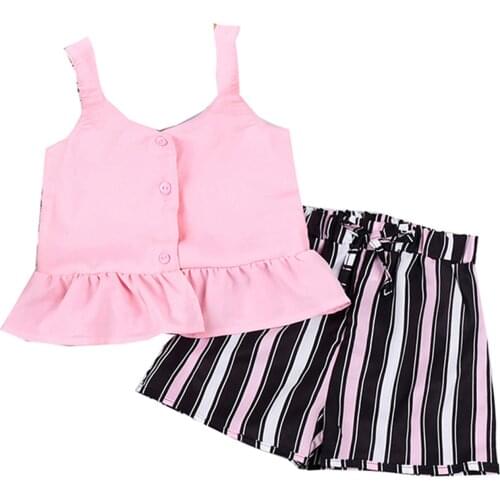 New Girl’s Summer Two Piece Set Fashion Solid Color Button Suspender Tops and Stripe Short Pants