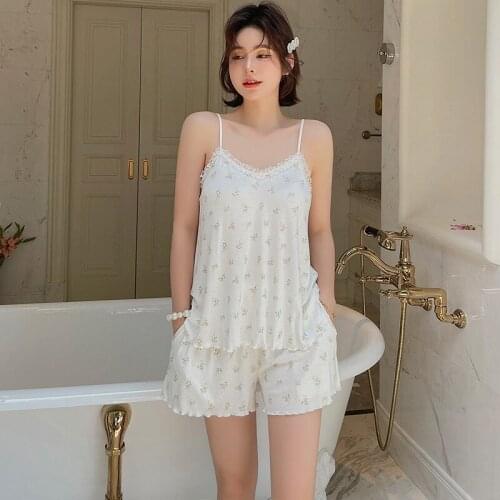 Sweet Flower Print 2PCS Ladies Pajamas Suit Sexy V-Neck Strap Intimate Homewear Ruffles Top&Shorts Nightwear Lace Trim Sleepwear