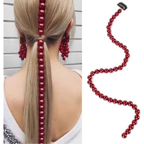 Bohemian Simulated Pearl Bridal Wedding Hair Accessories For Women Tassel Hair Chain Jewelry Pins Vintage Red Beaded Hairband