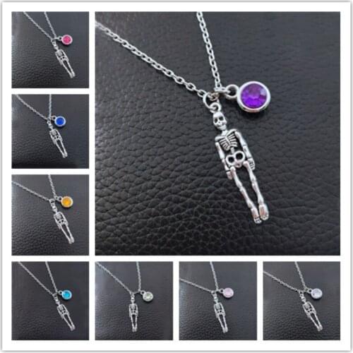 1pcs Halloween Gift Vintage Pirate Skeleton Skull Necklaces & Birthstone color Pendant Retro Punk Necklace