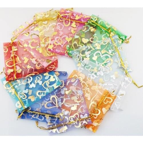100pcs/lot Mixed Colors Organza Bags 9x12cm Heart Print Drawstring Gift Bag Wedding Decoration Jewelry Candy Packaging Bags