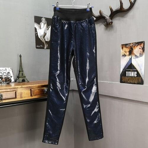 2020 autumn winter women real patent leather pants patchwork elastic waist sheepskin leather pants M-3XL A335