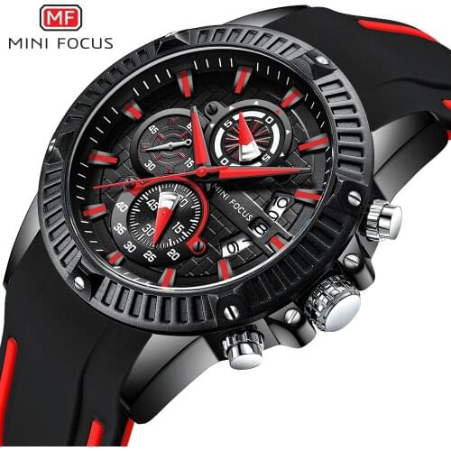 MINI FOCUS Outdoor Sport Quartz Watch Men Black 3 Sub-dial 6 Hands Multifunction Rubber Strap Waterproof Casual Wristwatch Male