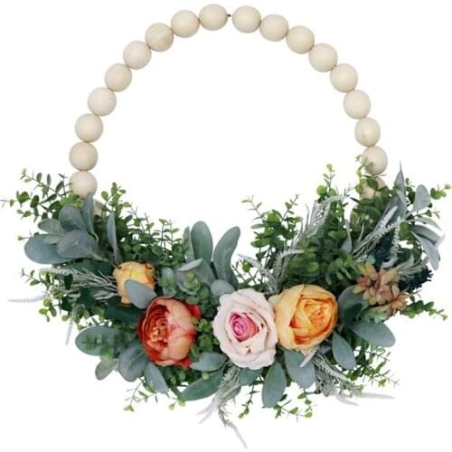 Artificial Flower Eucalyptus Wood Beads Welcome Door Wreath Wedding Christmas Decoration Wire Frame Farmhouse Wall Floral Decor