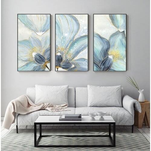 Abstract Blossom Flower Canvas Painting Lotus Wall Picture Decoration for Living Room Plant Wall Art Blue White Flower Poster