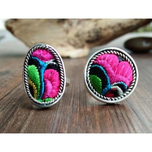 National style Embroidery rings Miao silver plated ethnic cotton jewelry creative personality fashion colorful ring