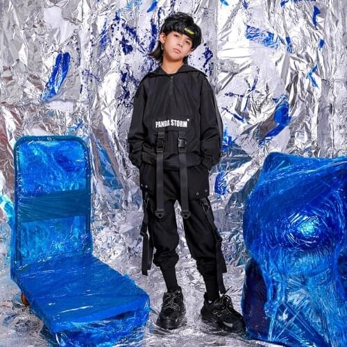 Childrens Black Wind Charge Jacket Hip-hop Suit Boys Ballroom Hip Hop Dance Dress Jazz Dance Costumes Street Dancewear DQS3815