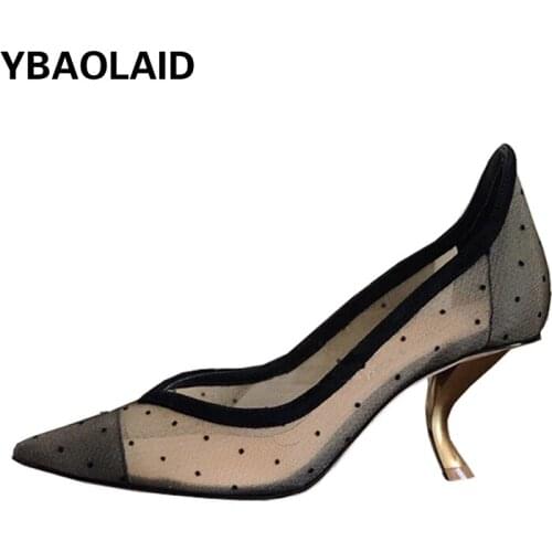 Shallow Mouth Hollow Mesh Polka-dot Cat Heel Shoes for Summer 2021 New Breathable Lace French Stiletto Sexy Pointed High Heels