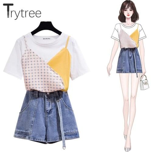 Trytree 2021 Summer Women Two Piece Set Casual Cotton Blended Asymmetric Spliced Tops + Denim Shorts Big Pockets 2 Piece Suit