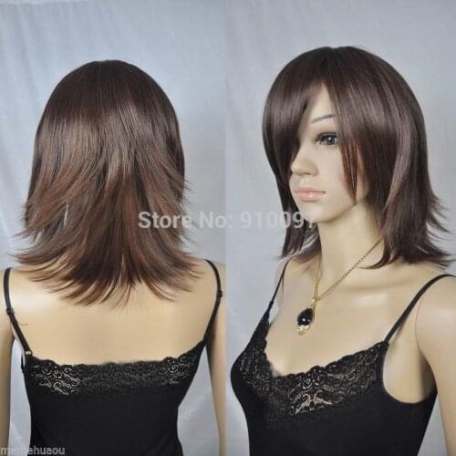 LHX002091P&P>Short Medium Shoulder Length Brown Straight Looking Wig