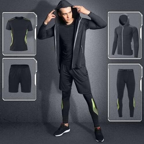 Men Sport Set Compression T-Shirt+Pants+Hooded Coat Skin-Tight Long Sleeves Fitness Professional Training Clothes Gym Yoga Suits