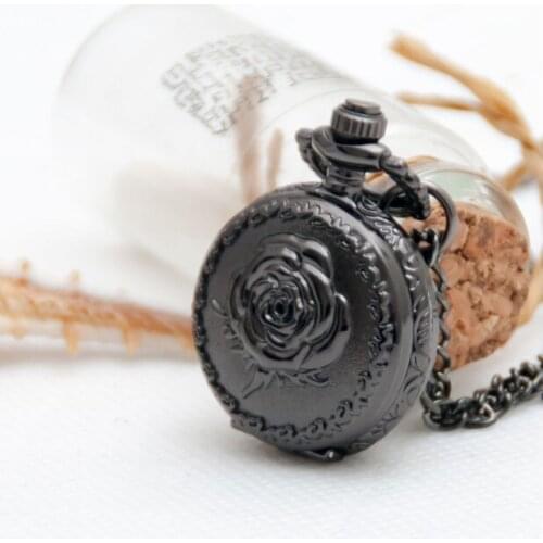 Wholesale buyer price good quality fashion girl lady retro vintage bronze mini rose flower pocket watch necklace hour 10pcs/lot