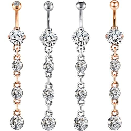 JUNLOWPY Wholesale Zircon Dangle Belly Button Rings Navel Barbell Body Jewelry Piercing Long Navel Bar Pandent Beach Jewelry