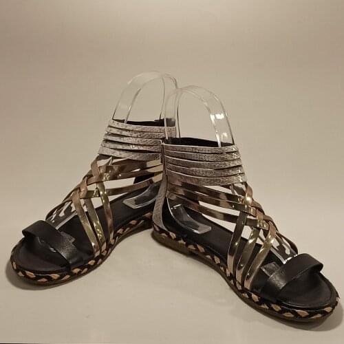 Women Genuine Leather Steel Sandals Spring Summer Zippered Beach Shoes Fashion Lightweight Comfortable Bronze Snake Printed Flat