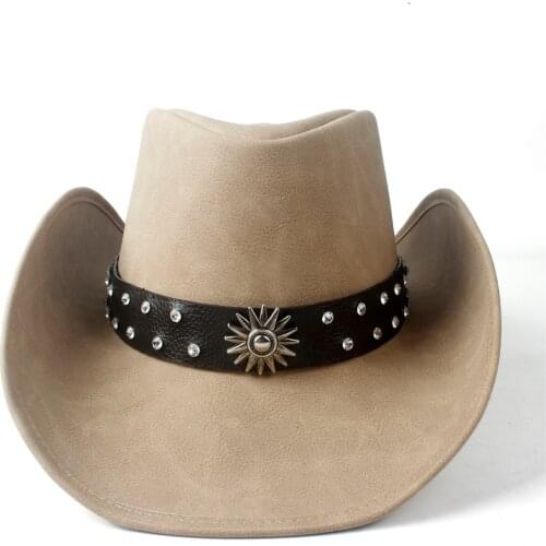 Retro Unisex Western Cowboy Cowgirl Hat With Punk Leather Ribbon Lady Dad Sombrero Cap Roll Up