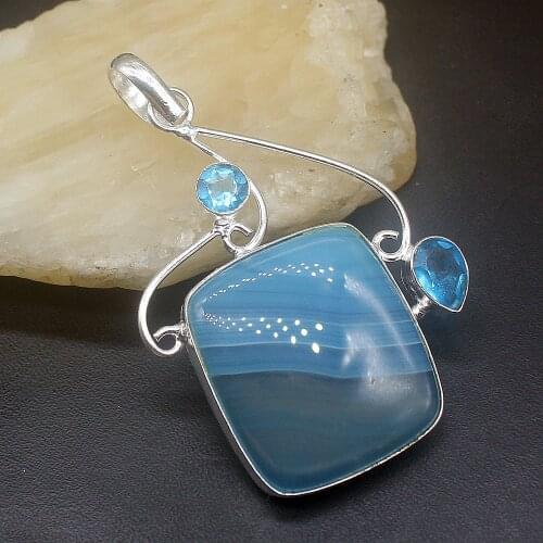 Hermosa Jewelry Blue BotswanaAgate Shiny Topazz Silver Color Charm Fashion Necklace Pendant for Women Gifts 62mm FQ44