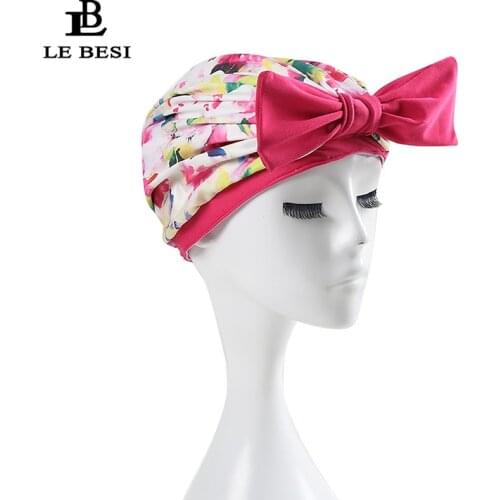 LE BESI 2017 Sexy Flower Bowknot Women Swimming Cap Waterproof PU Swim Cap Pleated knot Beach Cap Elastic Bathing Swimming Hat