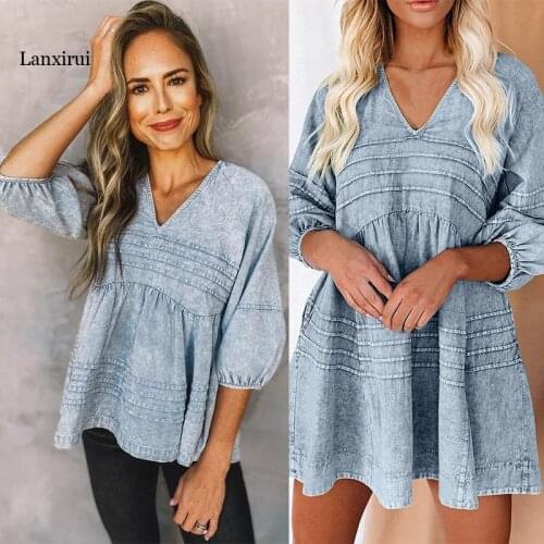 Spring Jean Tops Women Spring Fahsion V-neck 3/4 Lantern Sleeve Solid Color Sexy Tops for Women